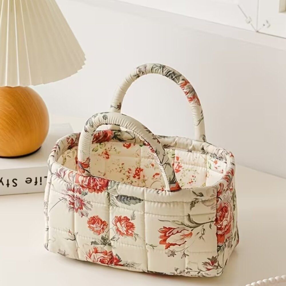 Vintage Floral Print Quilted Storage Basket w/Handles Cottagecore Retro Bohemian